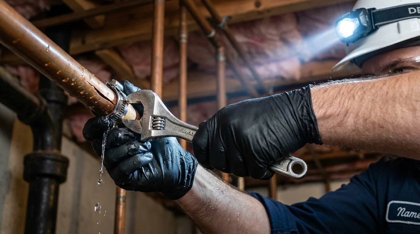 Emergency pipe clamp repair being performed by a Johns Plumbing LLC plumber in Ravenna