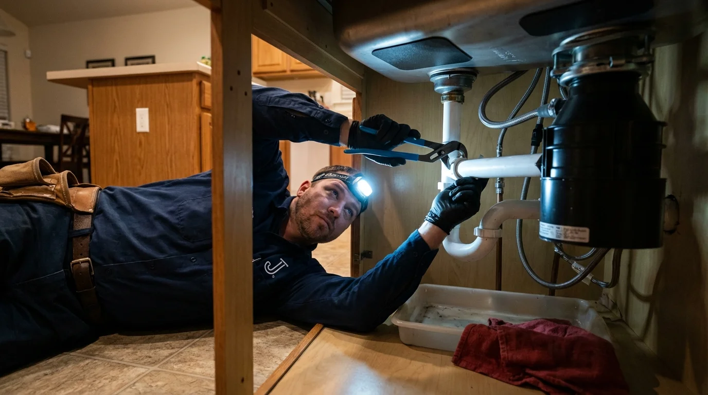 P-trap and supply line connections under a kitchen sink showing a common leak point in Ravenna, NE